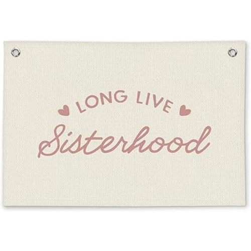Pink Long Live Sisterhood Girls Room Decor - Linen Banner Wall Hanging Canvas Banner Flag Decor for Girly Nursery Toddler Playroom Bedroom Dorm Apartment