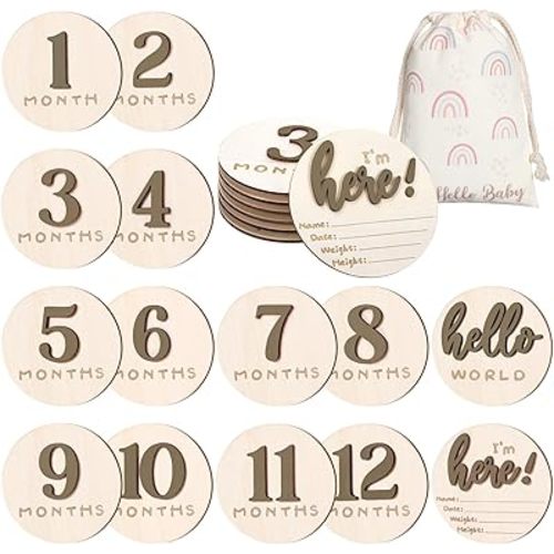 7 Pack 3D Baby Monthly Milestone Card Signs Baby Announcement Sign Double Sided Hello World Newborn Signs Wooden Circles Discs for Welcome Newborn Boy Girl Photo Props(Brown,Number)