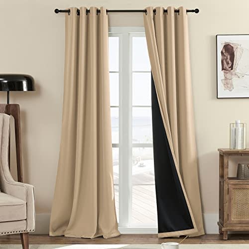 Rutterllow 100% Blackout Curtains, Full Shade 84 Inches Long Complete Drapes for Living Room,Thermal Insulated Bedroom Window Treatment Drapes (2Panels,Khaki,52x84inch)