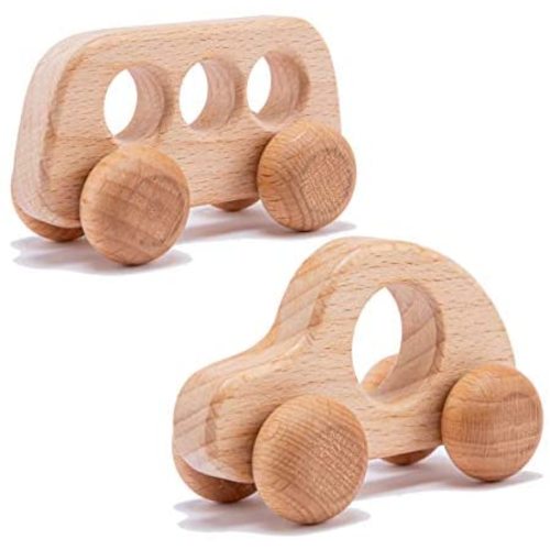 Promise Babe Organic Wooden Baby Push Toys Fine Motor Development Sensory Skills Toy Montessori Grasping Teething Toy 2pc Wood Car Rattles