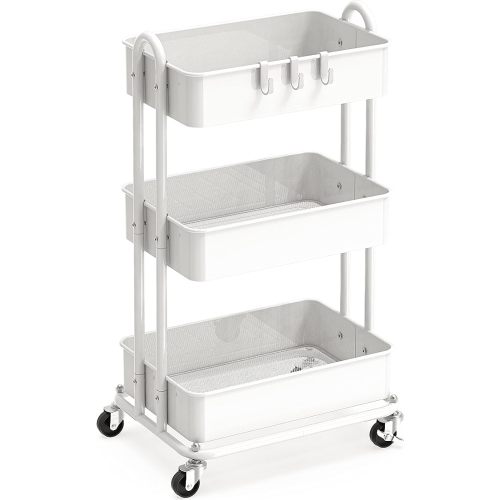 Simple Houseware Heavy Duty 3-Tier Metal Utility Rolling Cart, White