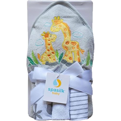 Spasilk Hooded Bath Towel and Washcloths Set for Newborns, 1 Soft Terry Baby Towel and 3 Baby Washcloths, Baby Essentials, Ideal, One Size, Gray Giraffe