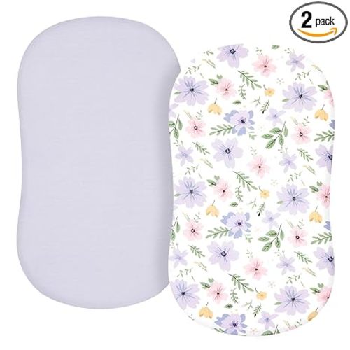 TILLYOU Baby Bassinet Sheets for Girls Boys 2 Pack Baby Sheets for Square Rectangle Oval Bassinet Mattress 33X16 Inch, Brilliant Little Flowers and Purple