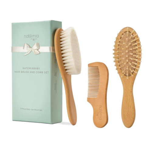 Natemia Wooden Baby Hair Brush & Comb Set for Newborns - Soft Bristle, Toddler Cradle Cap Brush - Toddler Comb - Perfect Baby Shower Registry Gift Set