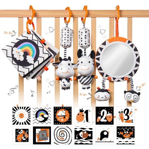 TUMAMA Black and White Baby Toys, High Contrast Tummy Time, Newborn Soft Books Mirror Rattles, Montessori Sensory 0-12 Months, Hanging Infant for Carseat Stroller Play Mat Crib
