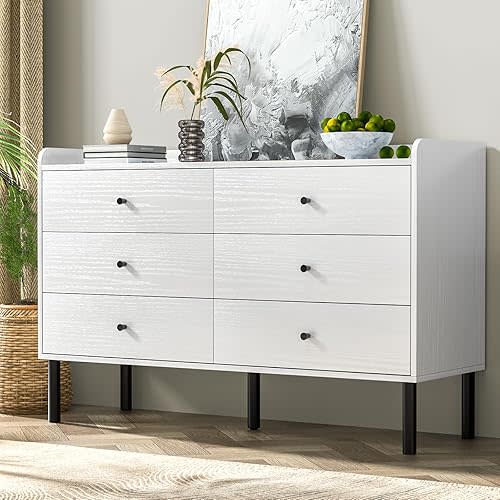 White Dresser for Bedroom, 6 Drawers Dresser with Golden Handles, Modern Wide Chest of Storage Organizer Drawers for Nursery, Hallway, Entryway