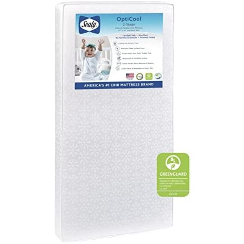 Sealy Baby OptiCool 2-Stage Dual Firmness Waterproof Standard Toddler & Baby Crib Mattress - Lightweight Soybean Cool Gel Memory Foam, 51.7” x 27.3"