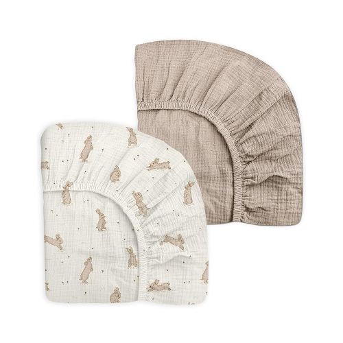 Mini Crib Sheets for Baby Boy Girl 2 Pack, Neutral Mini Crib Mattress Sheet 24" x 38", Muslin Nursery Bedding Soft and Breathable Comfort(Hopping Bunnies & Beige)