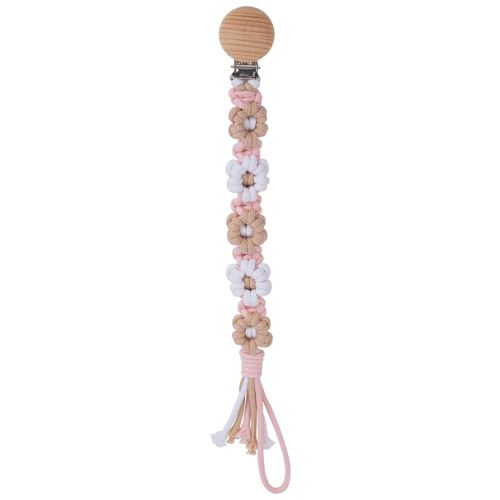 Pacifier Clip for Boys Girls Floral Daisy Macrame Baby Paci Clip Pacifier Holder Leash Boho Wooden Clips Handmade Braided Cotton Binky Clips (1pack:Khaki Style B)