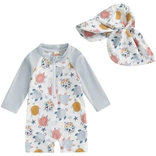 Toddler Baby Boy Girls One Piece Swimsuit Long Sleeve Zipper Bathing Suit with Hat Infant Rash Guard Swimwear