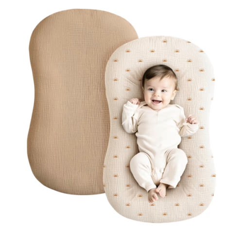 Konssy Muslin Baby Lounger Cover 2 Pack, 100% Cotton Newborn Lounger Cover, Soft and Breathable Baby Nest Slipcover for Boys Girls (Camel,Sun)