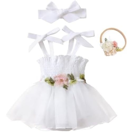 Renotemy Baby Girl Tulle Dress Sleeveless Romper Smocked Halter 1st Birthday Clothes Cake Smash Outfits with Flower Headband