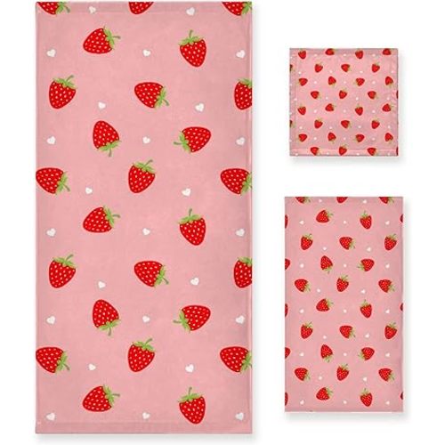 Strawberry Towel Set, Gift for Woman Bathroom set towels,Soft Decoration Set of 3 Towels, 1 Bath Towel 1 Washcloth 1 Hand Towel,Decorative Towels for Bathroom beach exercise ,Gift for Kid Adult