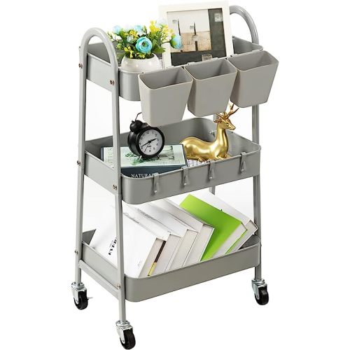 danpinera 3-Tier Rolling Cart, Metal Rolling Storage Cart with Lockable Wheels & Hanging Cups & Hooks, Mobile Trolley Cart for Kitchen, Bathroom, Office, Workshop, Gray - Grey