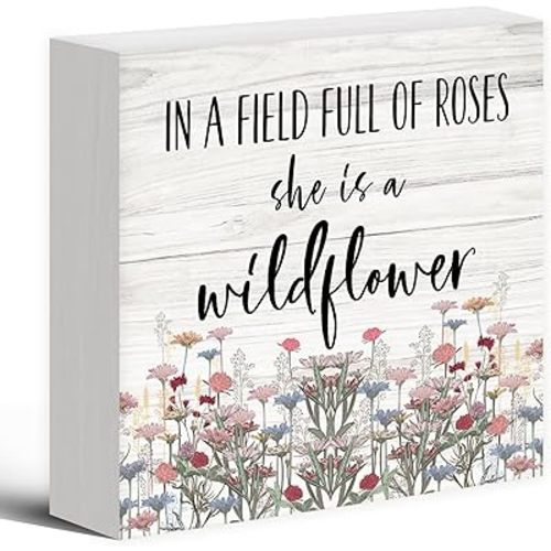 Luipk Baby Girl Nursery Botanical Floral Wood Box Sign Desk Decor, In a Field of Roses She Is a Wildflower Motivational Wooden Block Sign Decorations for Home Girls Room Wall Tabletop Shelf Decor