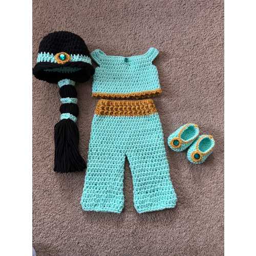 Princess Jasmine Inspired Costume/ Crochet Princess Jasmine Wig/Princess Costume/Princess Photo Prop Newborn to 18 Month Size-MADE TO ORDER
