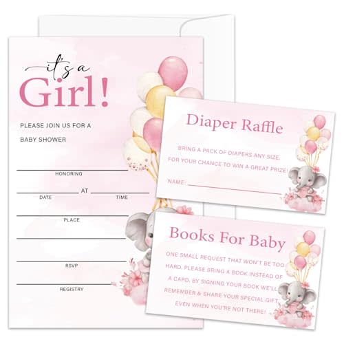 HONPHAX Elephant Baby Shower Invitations for Girl, Girl Baby Shower Invites, Set of 25 Invitations Kit (Included Diaper Raffle Tickets and Book Request Cards) Gender Reveal Party Supplies /BB004