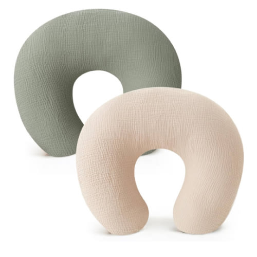 Konssy Muslin Nursing Pillow Covers, Soft and Cute Nursing Covers for Breastfeeding Pillows, Ideal for Newborn Baby Boys and Girls (Fog Green, Cream) - 2 Pack