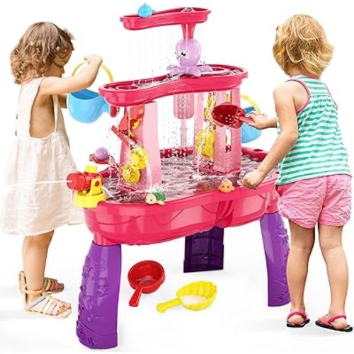 Water Table for Toddlers 1-3 3-5, 3-Tier Kids Splash Sand Table Water Toys, Rain Showers Splash Pond for Outdoor Beach Backyard Summer, Activity Sensory Play Table for Girls, Pink