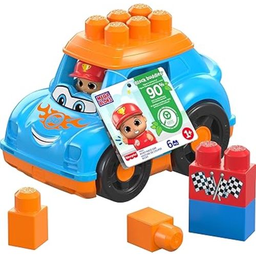 Mega BLOKS First Builders Toddler Building Blocks Toy Set, Ricky Race Car with 6 Pieces and Storage, 1 Figure, Blue, Ages 1+ Years