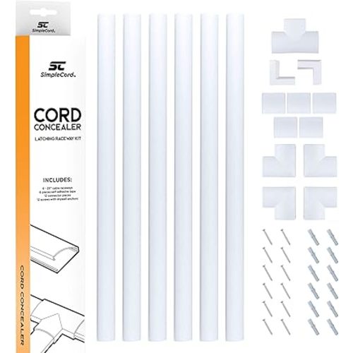 Cord Concealer System Covers Cables, Cords, or Wires - Cable Cover Management Raceway Kit for Hiding Wall Mount TV Power Cords in Home or Office - SimpleCord