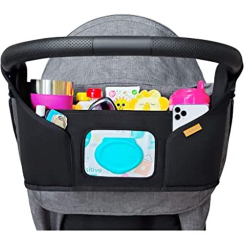 liuliuby Stroller Organizer - Large Storage Space with Cup Holder & Easy Access Wipes Pocket - Customizable Compartments & Universal Fit Stroller Caddy - Parent Console Accessories