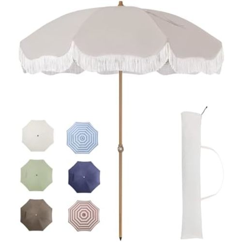 Tempera 7ft Outdoor Patio Umbrella with Carry Bag,Beach Umbrella with Fringe|Vintage Tassel Umbrella with Prime Steel Pole and Ribs Push Button Tilt,Ideal for Garden Lawn,UPF50+