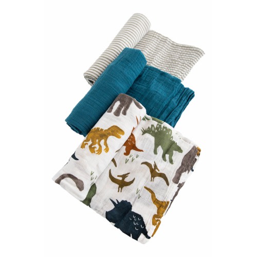 little unicorn 3-Pack Cotton Muslin Swaddle Blankets, Dino Friends