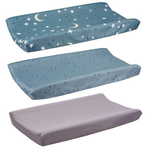 Belsden3 Pack Microfiber Soft Changing Pad Cover, with 2 Considerate Safety Belt Holes, Durable Diaper Change Table Sheet Set for Baby Boys Girls, 16''x32''x8'', Grey Moon & Grey & Grey Star