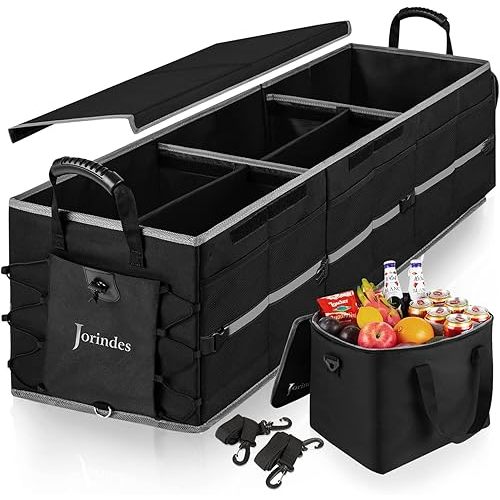 Collapsible Trunk Organizer for Car with Insulated Leak proof Cooler Bag, 3 Compartments SUV Cargo Organizer Removable Dividers, 5 in1 Car Storage Organizer with Foldable Lid,2 Tie-Down Straps(Black)