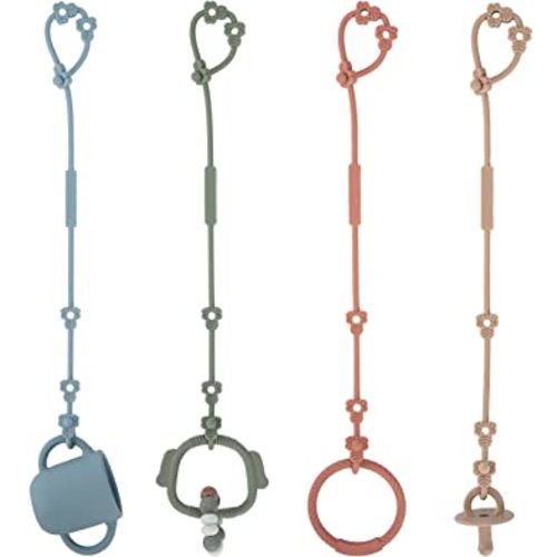 Toy Safety Straps, Silicone Pacifier Clips, Adjustable Stretchable Sippy Cup Straps for Strollers, High Chair, Cribs, Hanging Baskets, Car Seat, Shopping Trolley, 4 Pack, (Ether+Sage+Muted+Apricot)