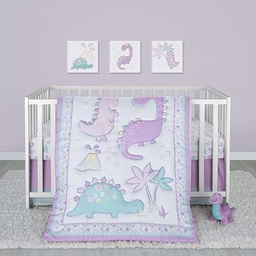 Sammy & Lou Tiny Dinos 4-Piece Baby Nursery Crib Bedding Set for Girls, Includes Quilt, Fitted Crib Sheet, Crib Skirt, and Plush Toy