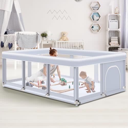Baby Playpen 74"x50" Play Pens for Babies and Toddlers, Large Play Yards for Indoor & Outdoor with Zipper Gates, Breathable Mesh with Anti-Slip Base