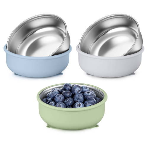 Vesteel Stainless Steel Kids Bowls with Suction, 3-Piece Suction Plates & Bowls for Toddlers, Removable Silicone Shell & Dishwasher Safe, Blue/Green/Grey