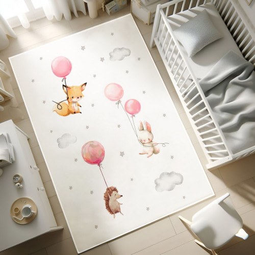 Flying Animals Carpet with Pink Balloons,Bunny and Balloons Pink Kids Rug,Kids bedroom Floor mat,Washable Round Nursery Rug,PILLOW CASE GIFT