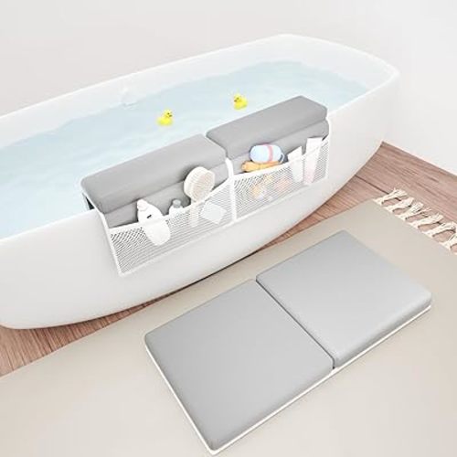 Baby Bath Kneeler & Elbow Pad Rest Set for Parents - Light Gray Soft Knee/Elbow Cushions with Non-Slip Base & Suction Cups, Thick Foam Padding Bath Mat, Newborn Bathing Essentials for Bathtub