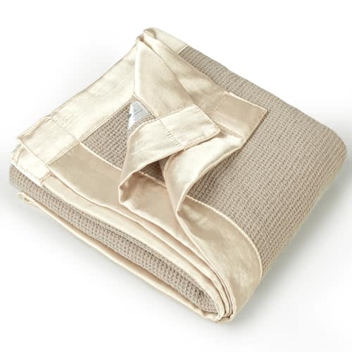 Lulu Moon Swaddle Waffle Toddler Blanket: Soft Breathable for Nursing & Playtime - Cotton Crib Blanket for Daytime Naps - Satin Trim - Oat 40"x36"