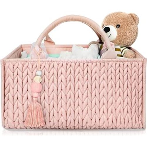 MOMINSIDE Diaper Caddy Organizer, Baby Basket Nursery Storage, Caddy Organizer for Portable Changing Table Dresser Car, Baby Registry Baby Shower Gifts for Girl Boy(Pale Pink)