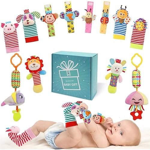 Baby Hanging Toy, Wrist Rattles, Rattle Socks, Handheld Wearable Washable Adjustable Rattle Toy, Newborn Present Baby Shower Birthday Gift Set for 0 1 2 3 Years Old Babies (12PCS-J)