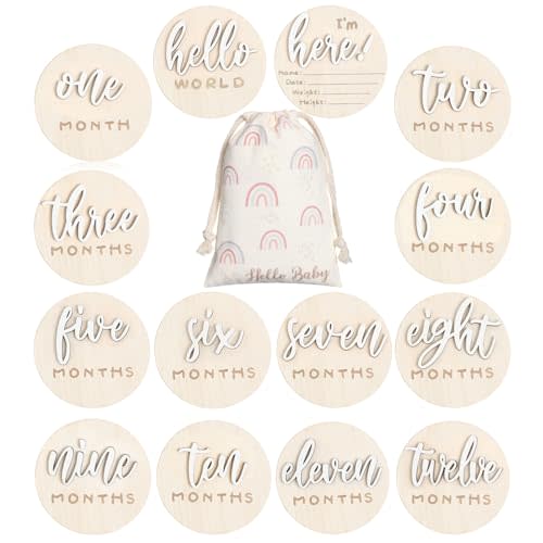 Burbell 3D Baby Milestone Wooden Circles Hello World Newborn Sign 7 Pack Double Sided Monthly Milestone Cards Sign Baby Announcement Sign for Newborn Shower Photo Props(White)