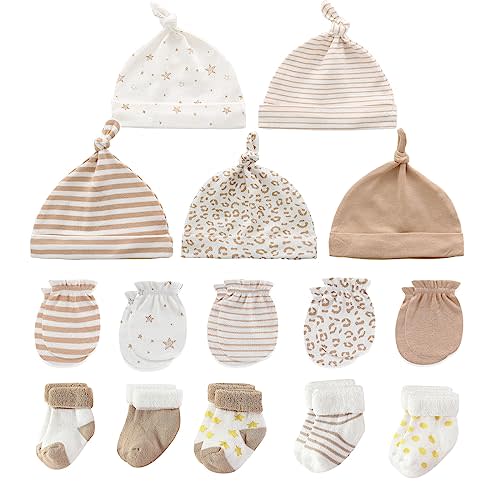 MAMIMAKA Newborn Baby Boy Girl Caps Mittens Socks Set Cotton Baby Essentials Accessories (Hats+Gloves+Socks)