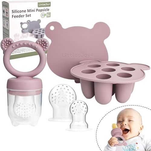 Silicone Baby Fruit Feeder & Freezer Tray Set, Baby Breast Milk Popsicle Mold for purees, Baby Teething Relief for Toddler BPA Free for 3 Month+, Additional Silicone Pouches (Dusty Lilac)