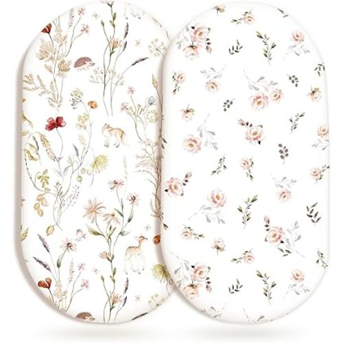 GRSSDER Ultra Soft Bassinet Sheets 2 Pack, Stretchy Breathable Knit Bassinet Mattress Sheets for Baby, Universal Fitted Baby Cradle Moses Basket Oval Rectangle Pads Safe and Snug, Stylish Flora