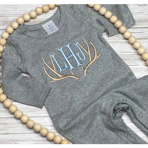 Baby Monogrammed Antler Romper / Coming Home Outfit / Gray Long Sleeve Romper for Boy / Deer Antler Outfit / Baby Longall / Baby Shower Gift