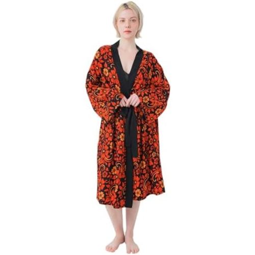 Floral Kimono Robe for Women, Soft Lightweight Lounge & Spa Robe with Pockets and Elegant Sewn-In Belt