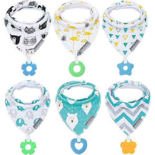 Baby Bandana Drool Bibs 6-Pack and Teething Toys 6-Pack Made with 100% Organic Cotton, Absorbent and Soft Unisex
