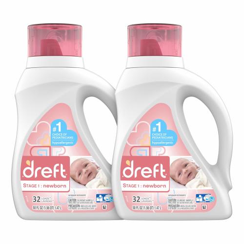 Dreft Stage 1: Newborn Hypoallergenic Liquid Baby Laundry Detergent (HE), Natural for Baby, Newborn, or Infant, 50 Ounce (32 Loads), 2 Count (Packaging May Vary)