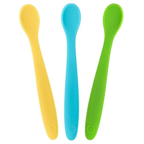 WeeSprout Silicone Baby Spoons - First Stage Infant Feeding Utensils With Soft-Tip, Bendable Kitchenware for Parent & Self-Feeding, Ultra-Durable & Chewproof, Dishwasher Safe, Travel Case, Set of 3 - Bright Green,Blue,Yellow