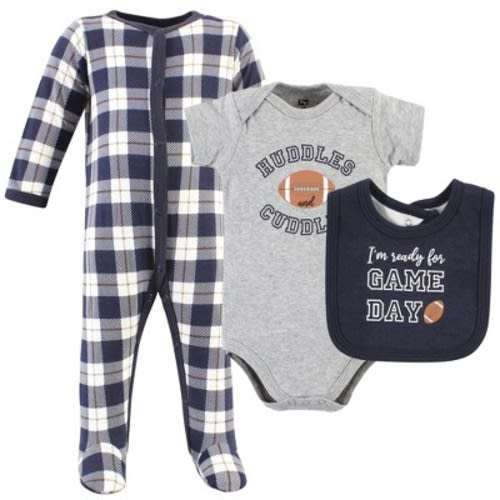 Hudson Baby Infant Boy Cotton Sleep and Play, Bodysuit and Bandana Bib Set, Football Huddles, 3-6 Months