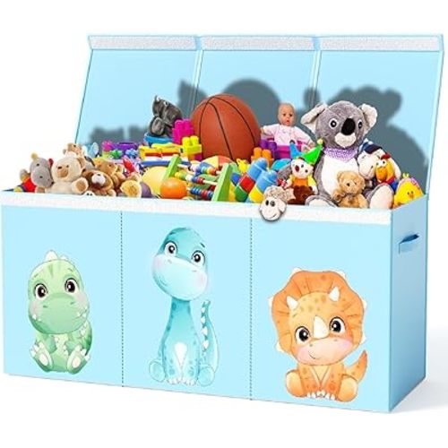 Extra Large Dinosaur Toy Box – 40"x13.5"x16.5" Collapsible Toy Chest with Dividers & Lid for Boys and Girls, Sturdy Kids Toy Organizer Bin for Nursery, Playroom, Bedroom, Stuffed Animal Storage